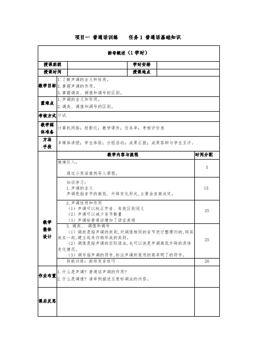 普通话与幼儿教师口语课程教案项目一 普通话训练：声调概述课程教案