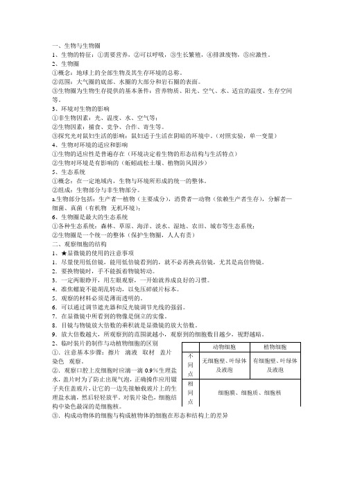 七上生物第一单元复习+练习题