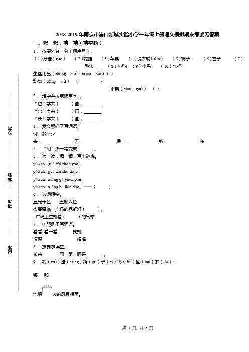 2018-2019年南京市浦口新城实验小学一年级上册语文模拟期末考试无答案