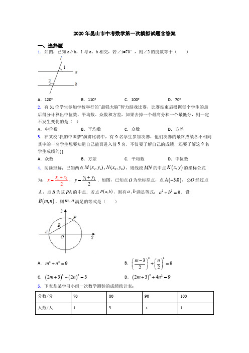 2020年昆山市中考数学第一次模拟试题含答案