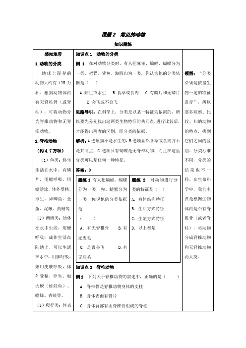 《常见的动物》同步练习2(浙教版七年级上)