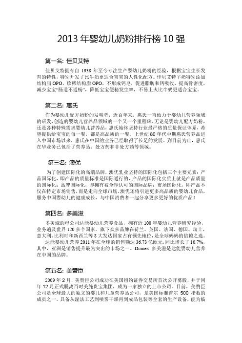 2013年婴幼儿奶粉排行榜10强