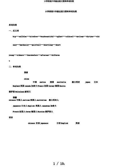 小学英语六年级总复习资料单词归类