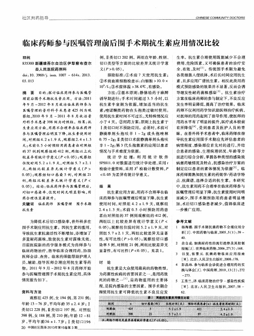 临床药师参与医嘱管理前后围手术期抗生素应用情况比较