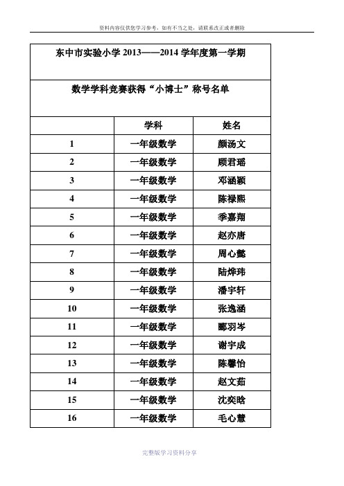 东中市实验小学2013——2014学年度第一学期