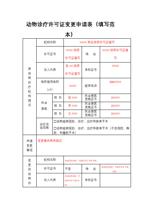 动物诊疗许可证变更申请表(填写范本)【模板】