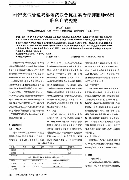 纤维支气管镜局部灌洗联合抗生素治疗肺脓肿66例临床疗效观察
