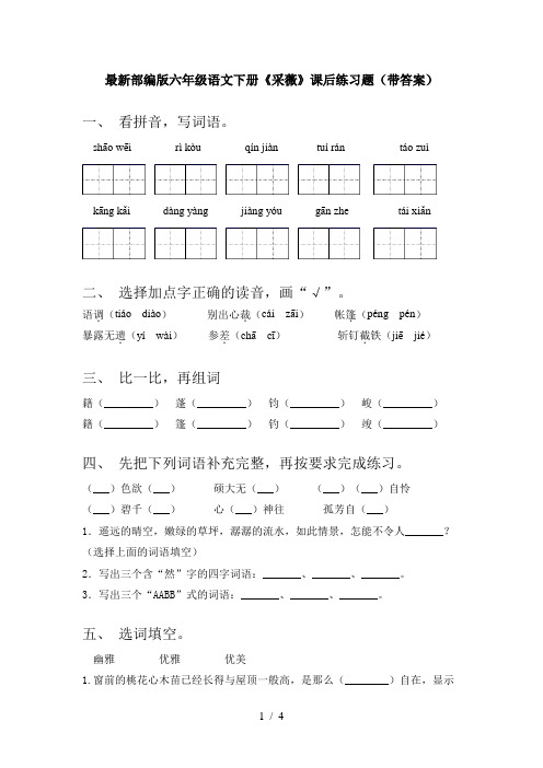 最新部编版六年级语文下册《采薇》课后练习题(带答案)