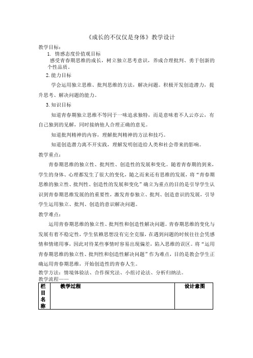 人教版道德与法治七年级下册 1.2 成长的不仅仅是身体 教案设计