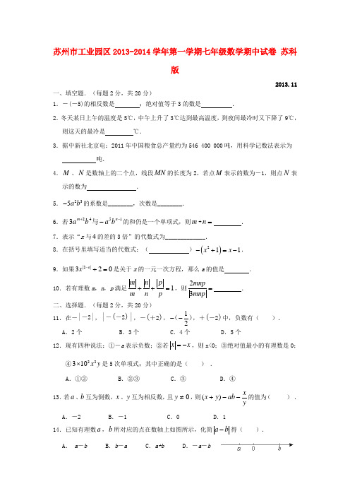江苏省苏州市工业园区2013-2014学年七年级数学第一学期期中试卷(word版含答案)