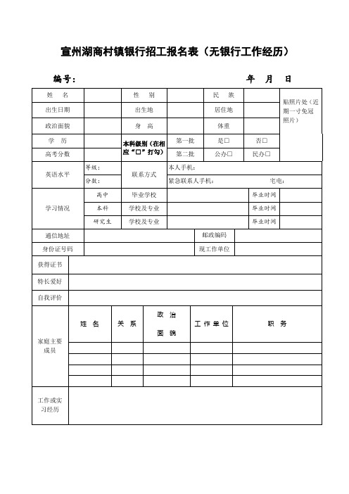 宣州湖商村镇银行招工报名表无银行工作经历