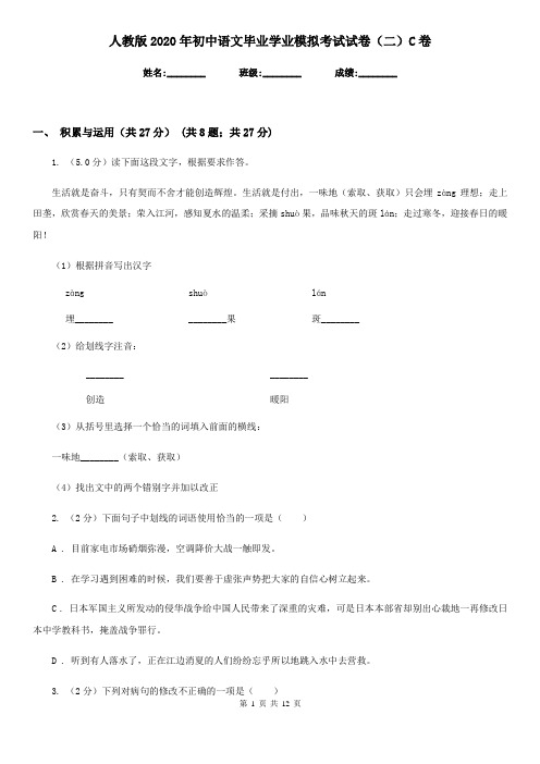 人教版2020年初中语文毕业学业模拟考试试卷(二)C卷