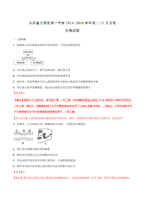 【全国百强校】山西省大同市第一中学2015-2016学年高二12月月考生物试题解析(解析版)