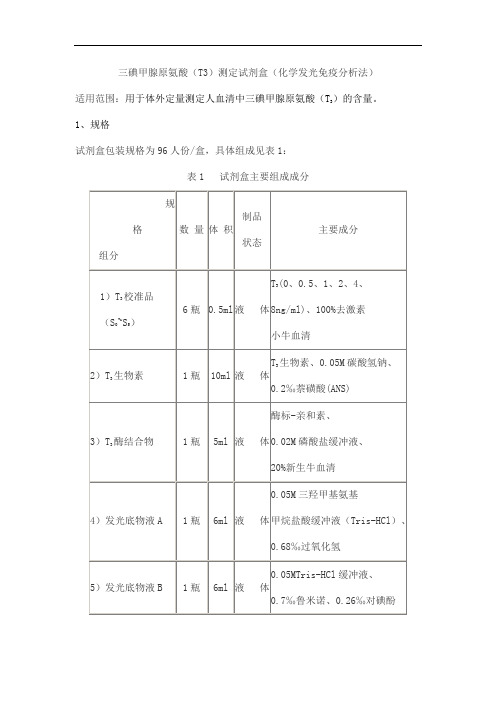 三碘甲腺原氨酸(T3)测定试剂盒(化学发光免疫分析法产品技术要求beifang
