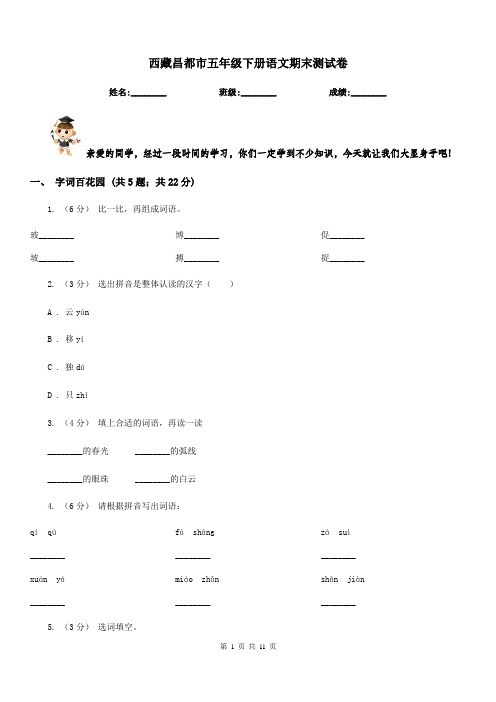 西藏昌都市五年级下册语文期末测试卷