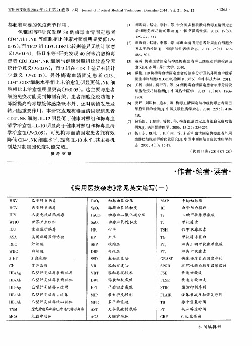 《实用医技杂志》常见英文缩写(一)