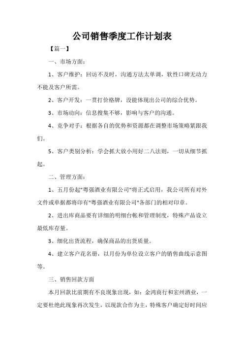 2021年度公司销售季度工作计划表