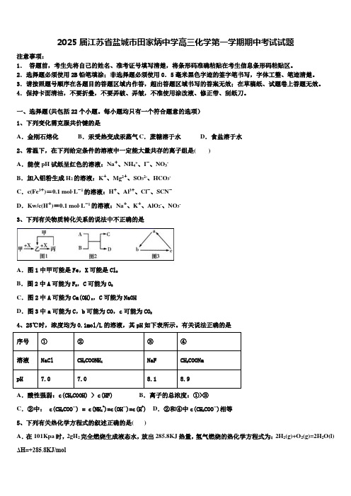 2025届江苏省盐城市田家炳中学高三化学第一学期期中考试试题含解析