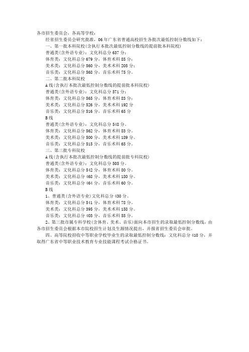 2006年广东高招各批次录取分数线划定