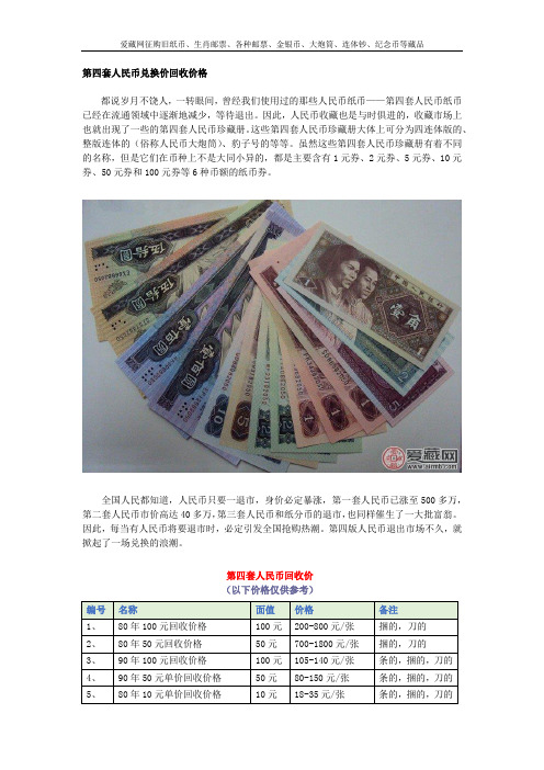 第四套人民币兑换价回收价格