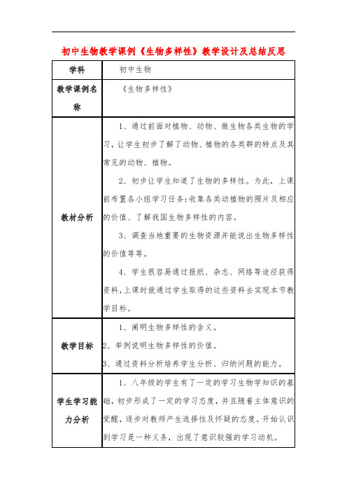 初中生物教学课例《生物多样性》课程思政核心素养教学设计及总结反思