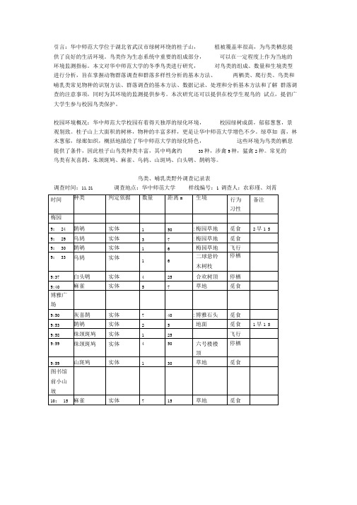 华中师范大学鸟类调查报告