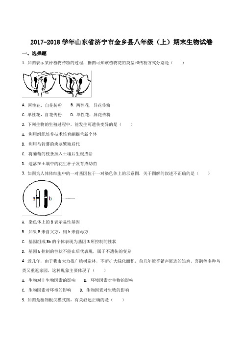 山东省济宁市金乡县2017-2018学年八年级上学期期末教学质量检测生物试卷(原卷版)