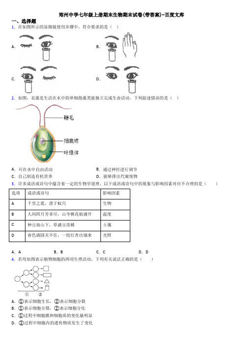 郑州中学七年级上册期末生物期末试卷(带答案)-百度文库