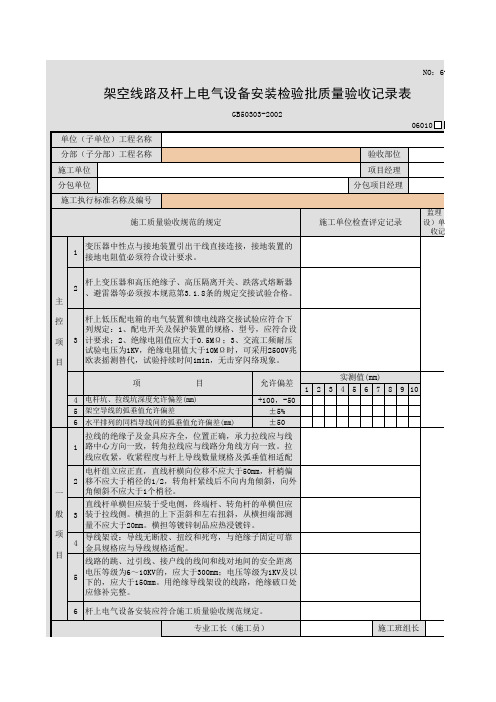 架空线路及杆上电气设备安装检验批质量验收记录表
