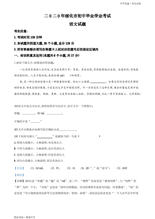 黑龙江绥化市2020年【语文真题】初中学业水平考试试题(教师版)高清