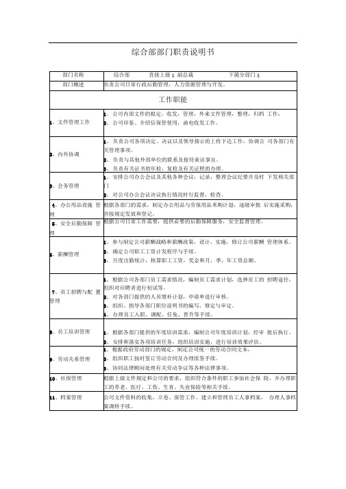 综合部部门岗位职责说明书