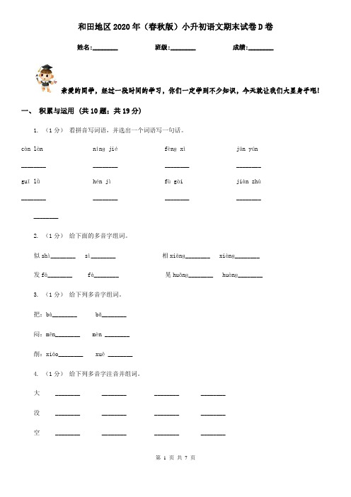 和田地区2020年(春秋版)小升初语文期末试卷D卷