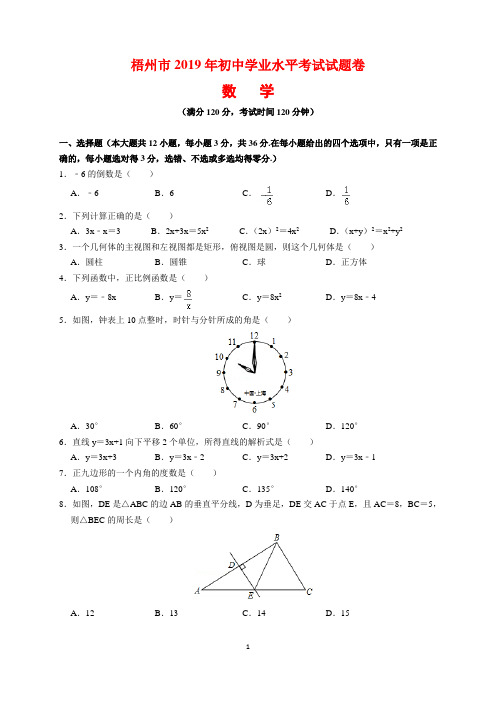 2019年广西梧州市中考数学试题及参考答案(word解析版)