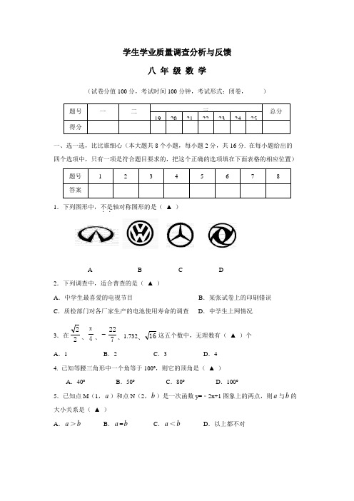 中学15—16学年上学期八年级期末考试数学试题(附答案)