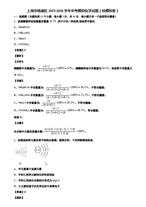 上海市杨浦区2019-2020学年中考模拟化学试题(校模拟卷)含解析