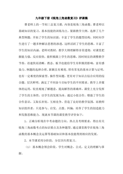 九年级下册《锐角三角函数复习》评课稿
