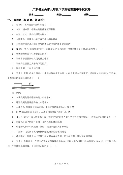 广东省汕头市九年级下学期物理期中考试试卷
