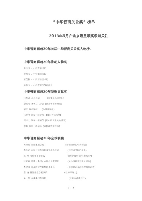 中华晋商关公奖榜单