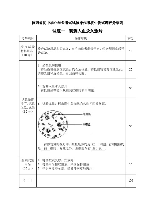 陕西省初中毕业学业考试实验操作考核生物试题评分细则