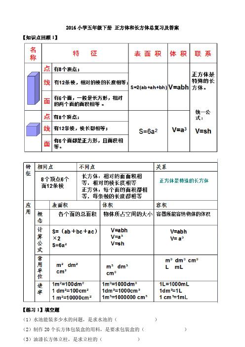 2016人教版五年级数学下册正方体和长方体总复习及答案