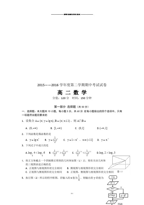 高中数学人教A版选修2-1第二学期期中考试试卷.docx