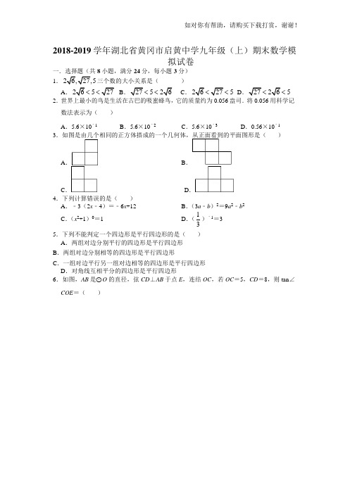 2018-2019学年湖北省黄冈市启黄中学九年级(上)期末数学模拟试卷