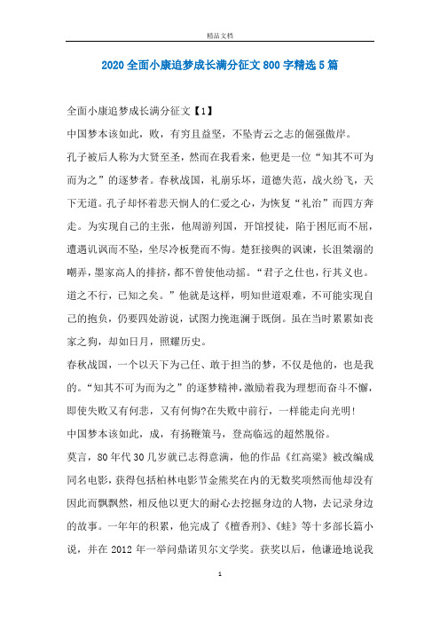 2020全面小康追梦成长满分征文800字精选5篇