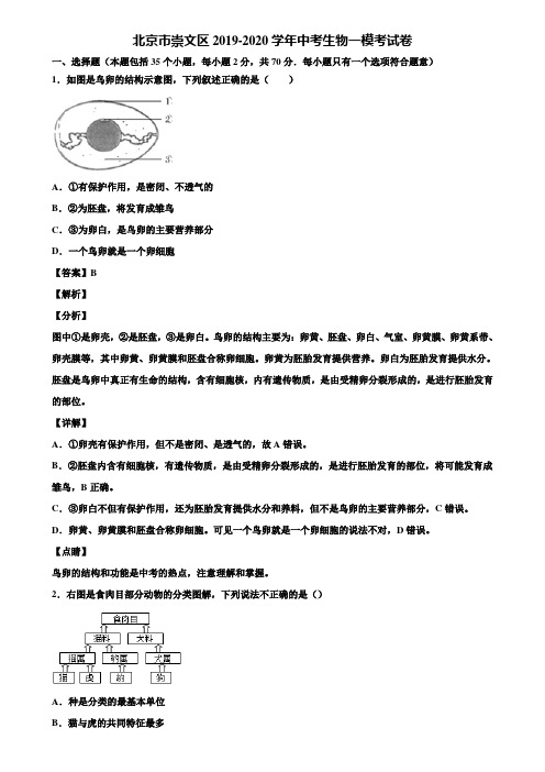 北京市崇文区2019-2020学年中考生物一模考试卷含解析