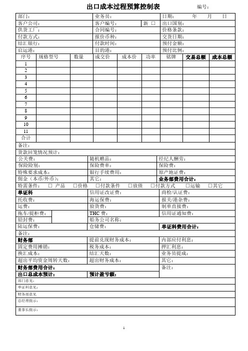 出口合同成本预算表