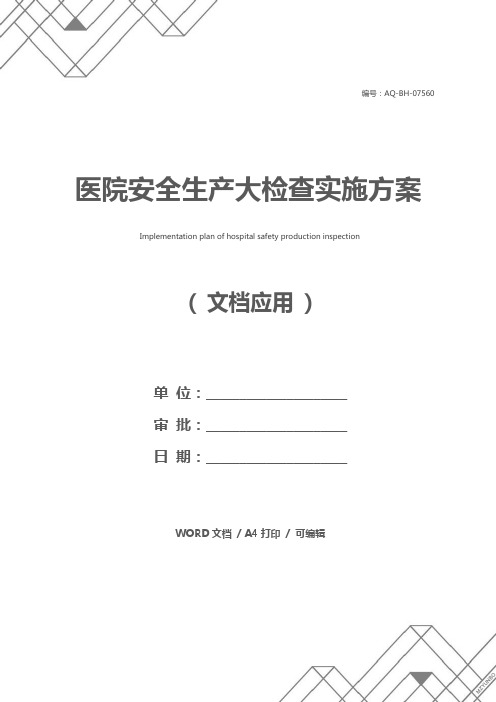 医院安全生产大检查实施方案