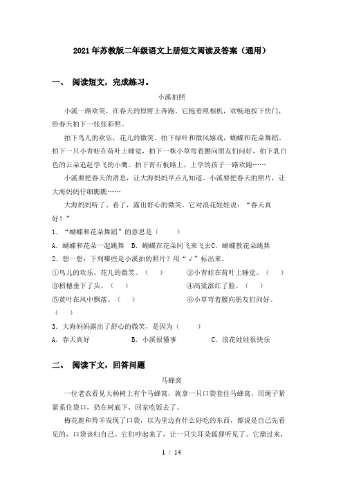 2021年苏教版二年级语文上册短文阅读及答案(通用)