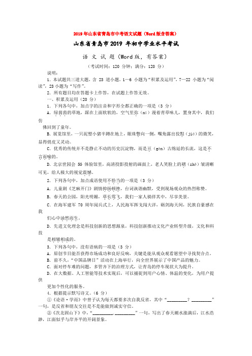 【备考2020】2019年山东省青岛市中考语文试题(Word版含答案)