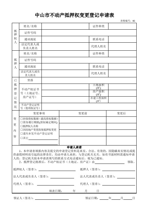 中山不动产抵押权变更登记申请表