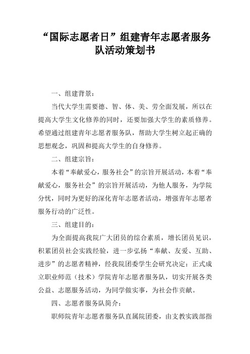 “国际志愿者日”组建青年志愿者服务队活动策划书